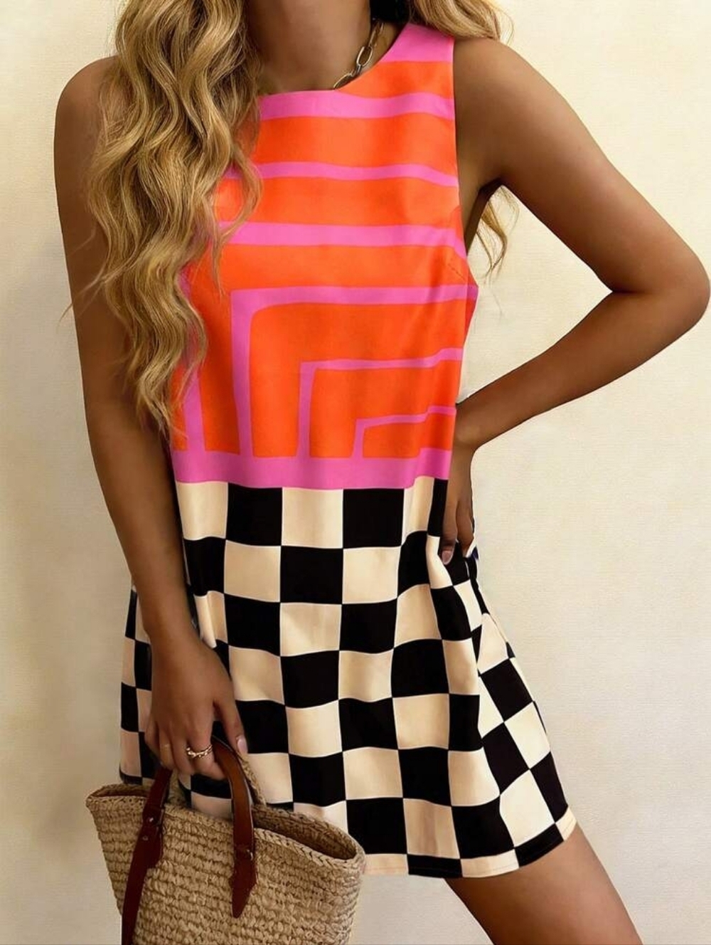 Colorblock Pink Orange Checkerboard Mini Dress Size S Sleeveless
